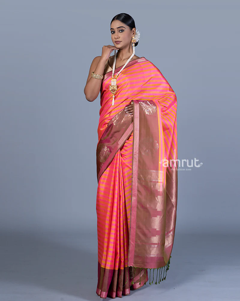 Pink Saree with Muted Yellow Stripes, Coral Tree Shade Border with Unstitched Blouse - Image 4
