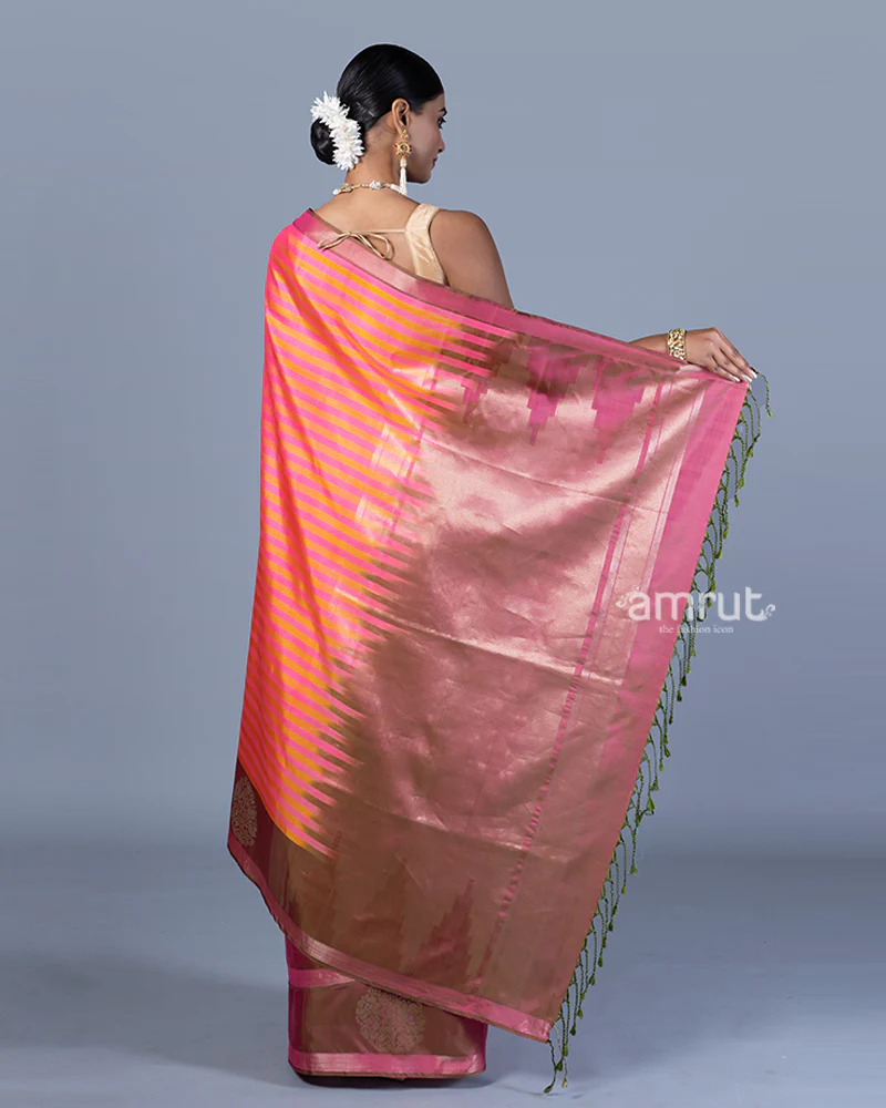 Pink Saree with Muted Yellow Stripes, Coral Tree Shade Border with Unstitched Blouse - Image 5