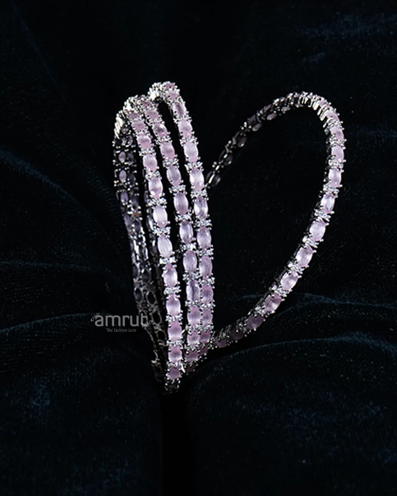 Pink Silver-Toned  Square-Cut CZ Stones Bangle Set - Image 2