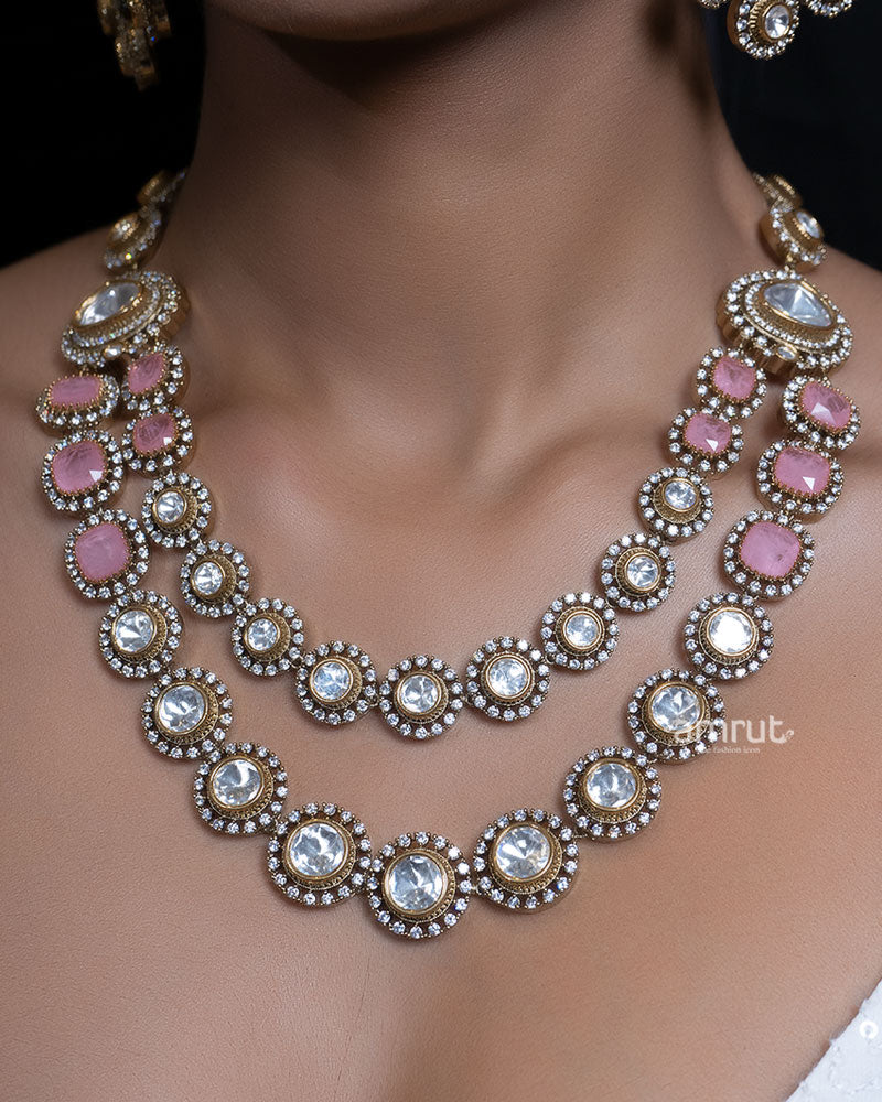 Pink Stone Embellished Kundan Double Layered Necklace Set - Image 2