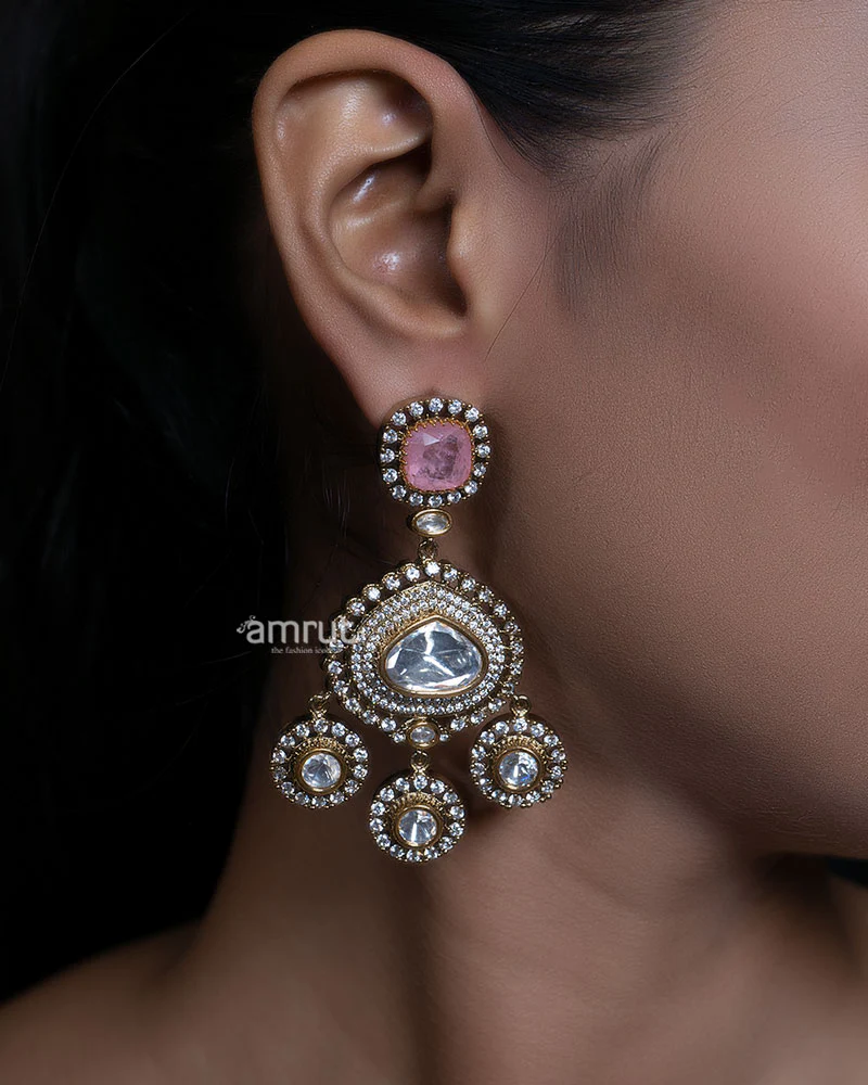 Pink Stone Embellished Kundan Double Layered Necklace Set - Image 3