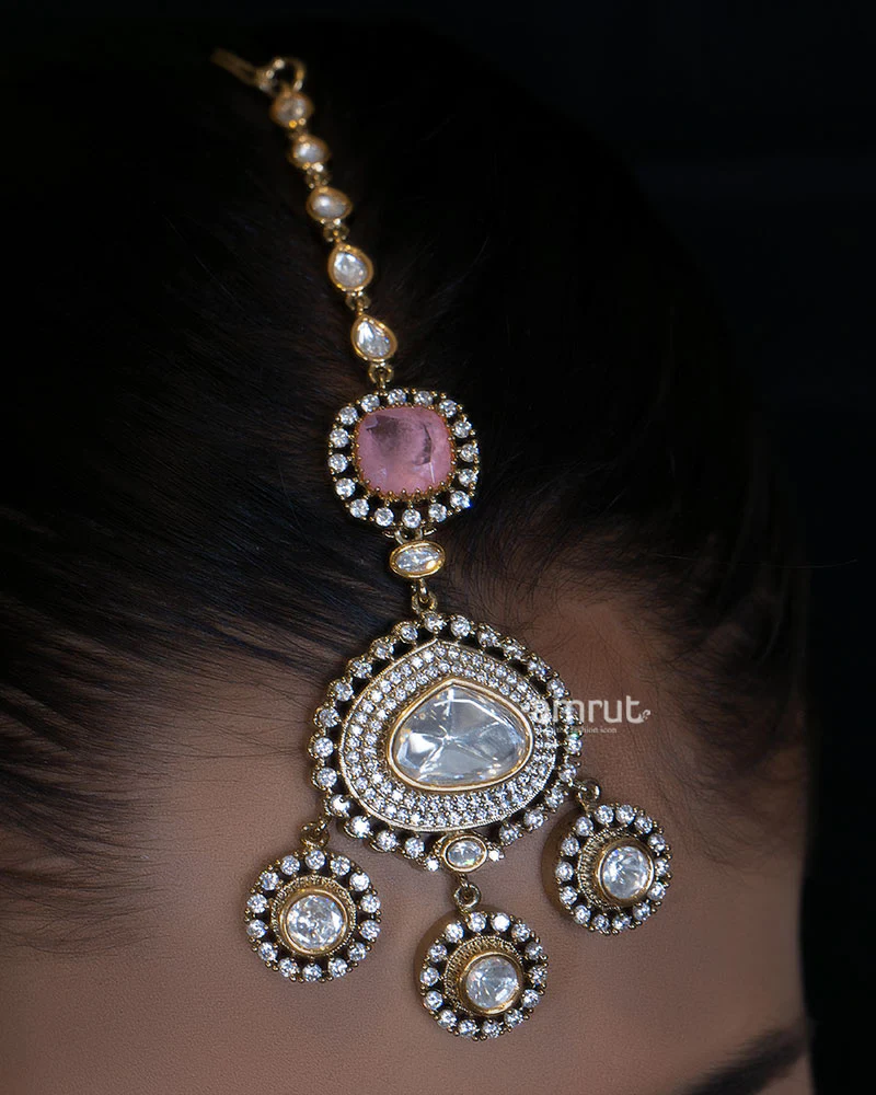 Pink Stone Embellished Kundan Double Layered Necklace Set - Image 4