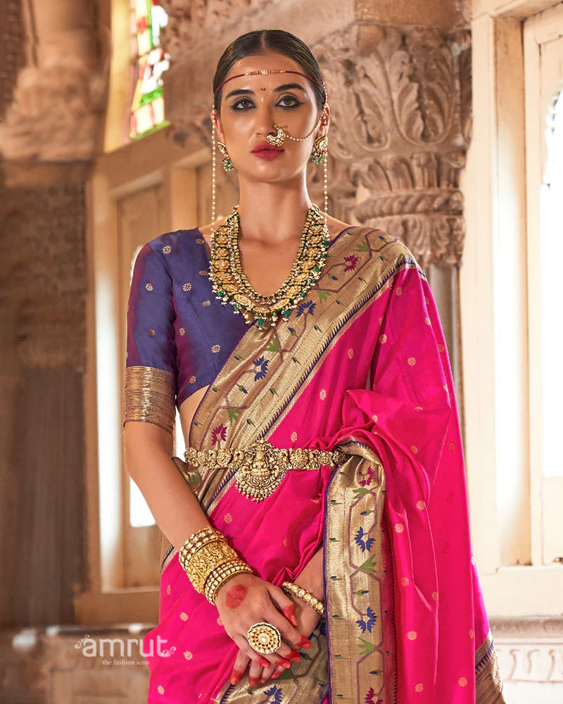 Pink with Blue Zari Border Paithani Silk Saree and Unstitched Blouse - Image 2