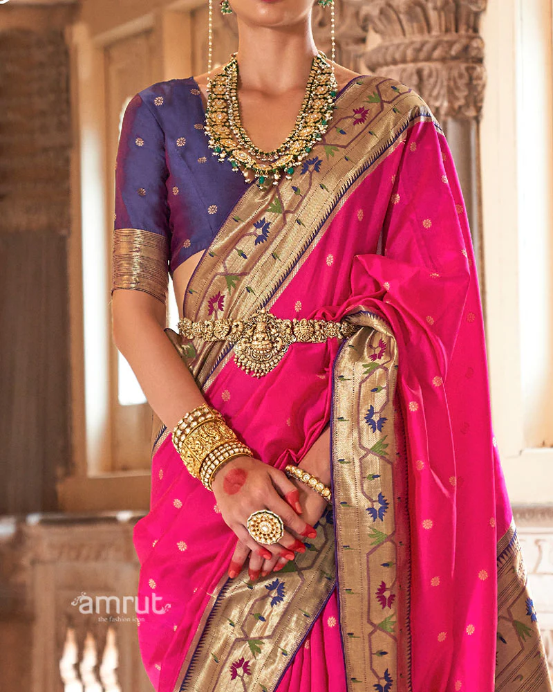 Pink with Blue Zari Border Paithani Silk Saree and Unstitched Blouse - Image 3