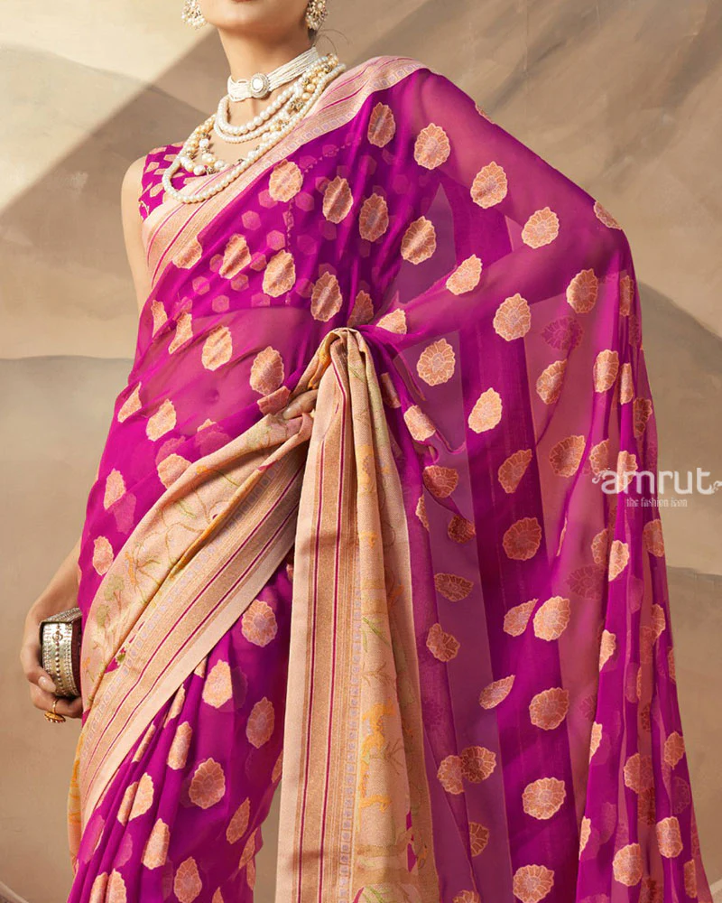 Pink with Golden Polka Dots Nature Inspired Print Border Georgette Saree and Unstitched Blouse - Image 3