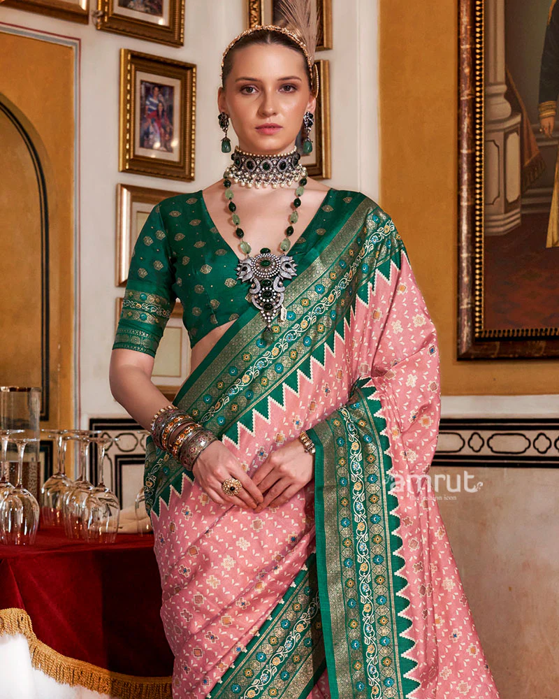 Pink with Green Floral Motifs Printed Border Saree and Unstitched Blouse - Image 2