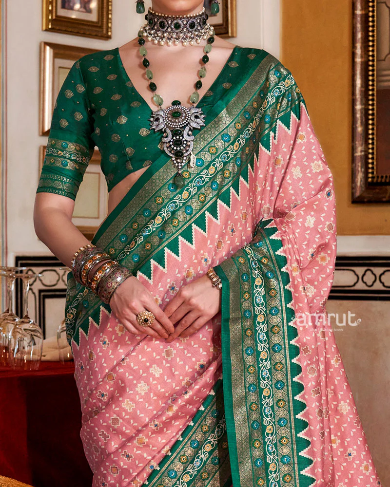 Pink with Green Floral Motifs Printed Border Saree and Unstitched Blouse - Image 3
