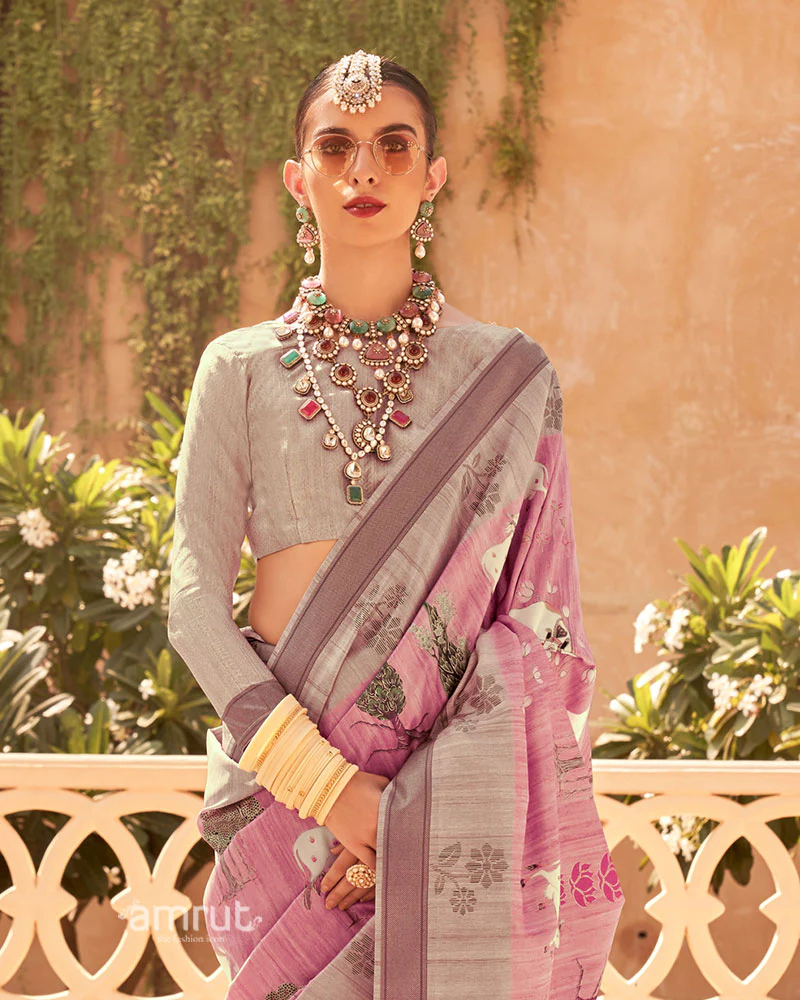 Pink with Light Brown Border Printed Saree and Unstitched Blouse - Image 2