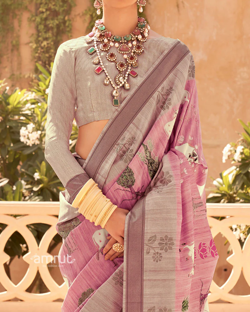 Pink with Light Brown Border Printed Saree and Unstitched Blouse - Image 3