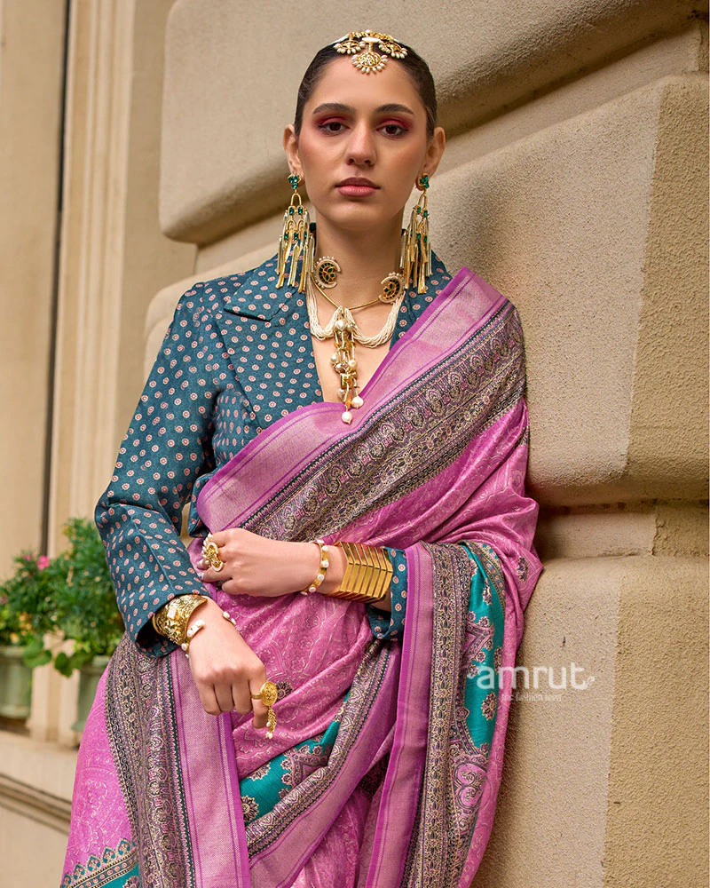 Pink Woven Silk Saree with Teal Border and Unstitched Blouse - Image 2