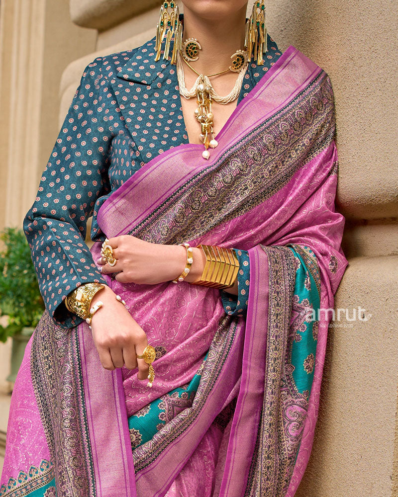 Pink Woven Silk Saree with Teal Border and Unstitched Blouse - Image 3