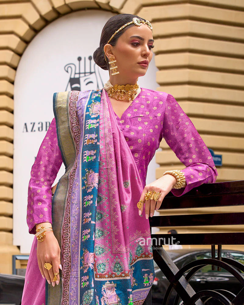 Pink Woven Silk Saree with Teal Zari Border and Unstitched Blouse - Image 2