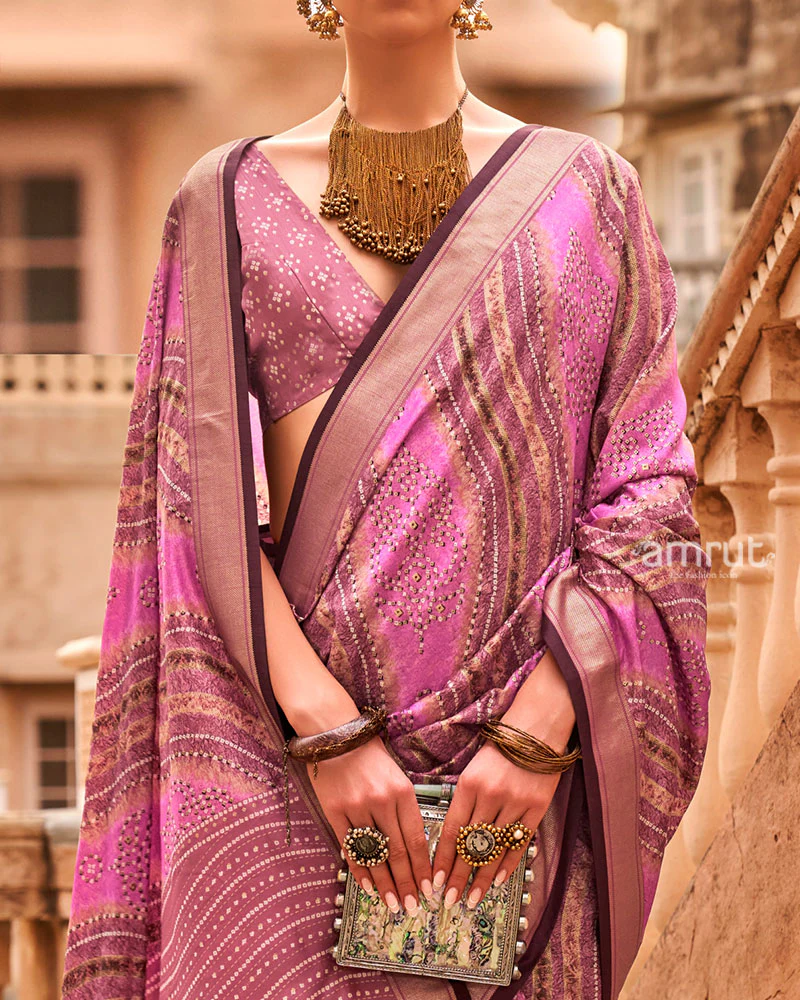 Pink Zari Weaving Silk Saree with Unstitched Blouse - Image 3