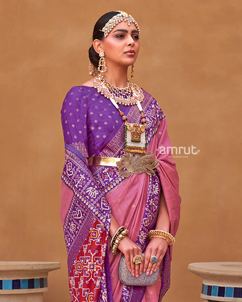 Pink Zari Weaving Purple Border Saree in Patola Silk with Unstitched Blouse - Image 2