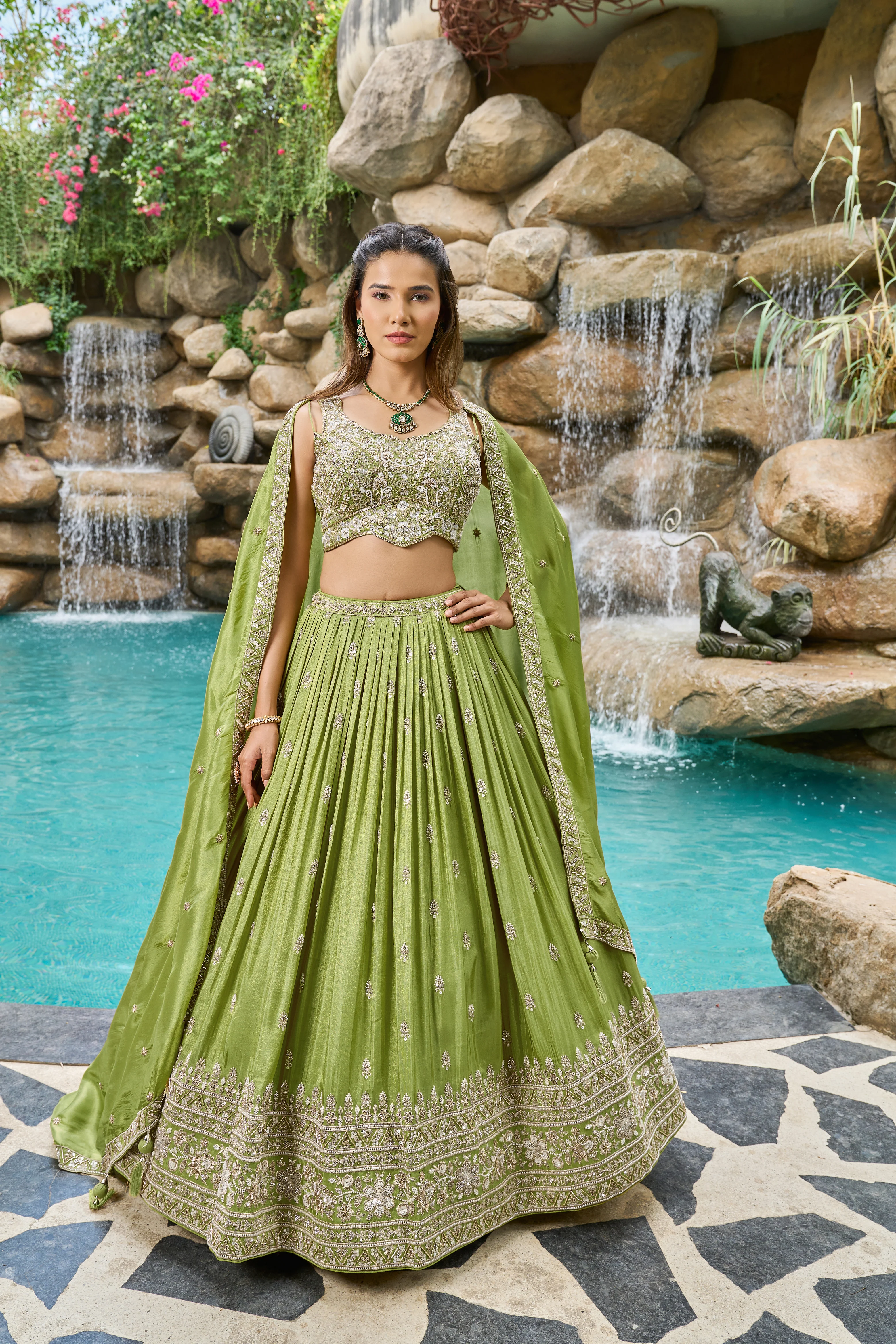 Pista Green Designer Lehenga Set with Embroidered Blouse & Elegant Dupatta - Image 2