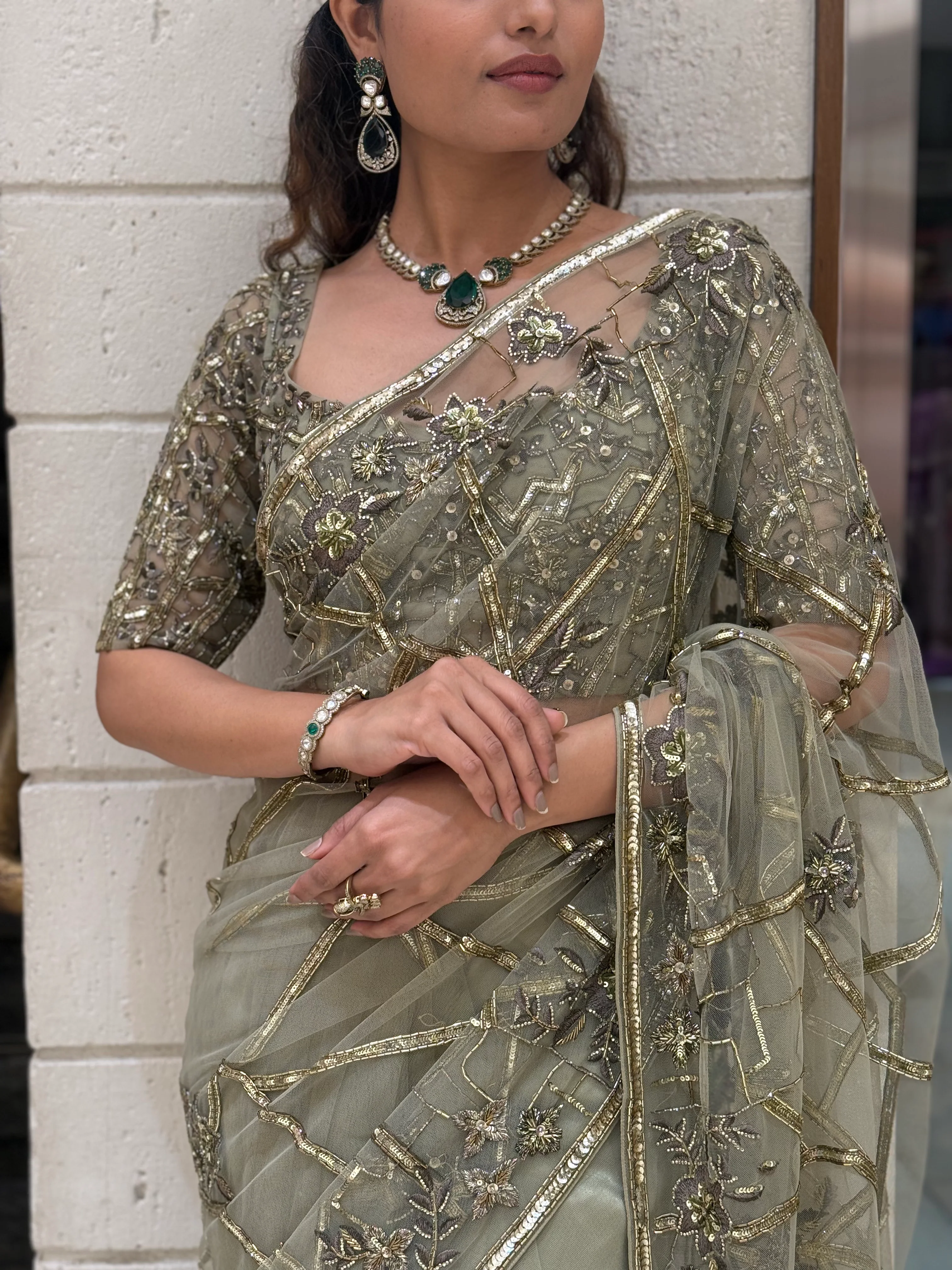 Pistachio Green Heavy Embroidered Net Saree with Matching Designer Blouse - Image 2