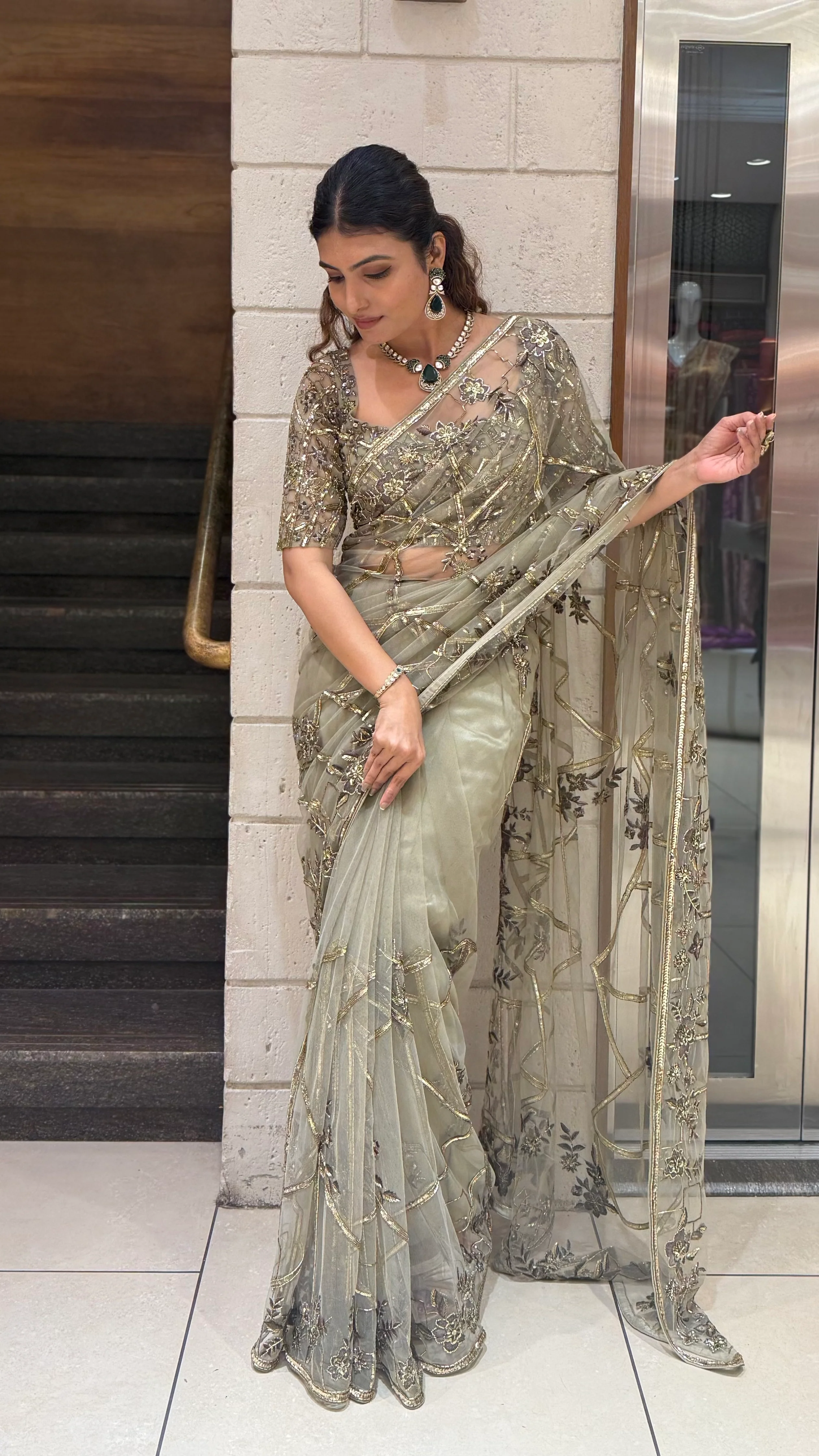 Pistachio Green Heavy Embroidered Net Saree with Matching Designer Blouse - Image 4