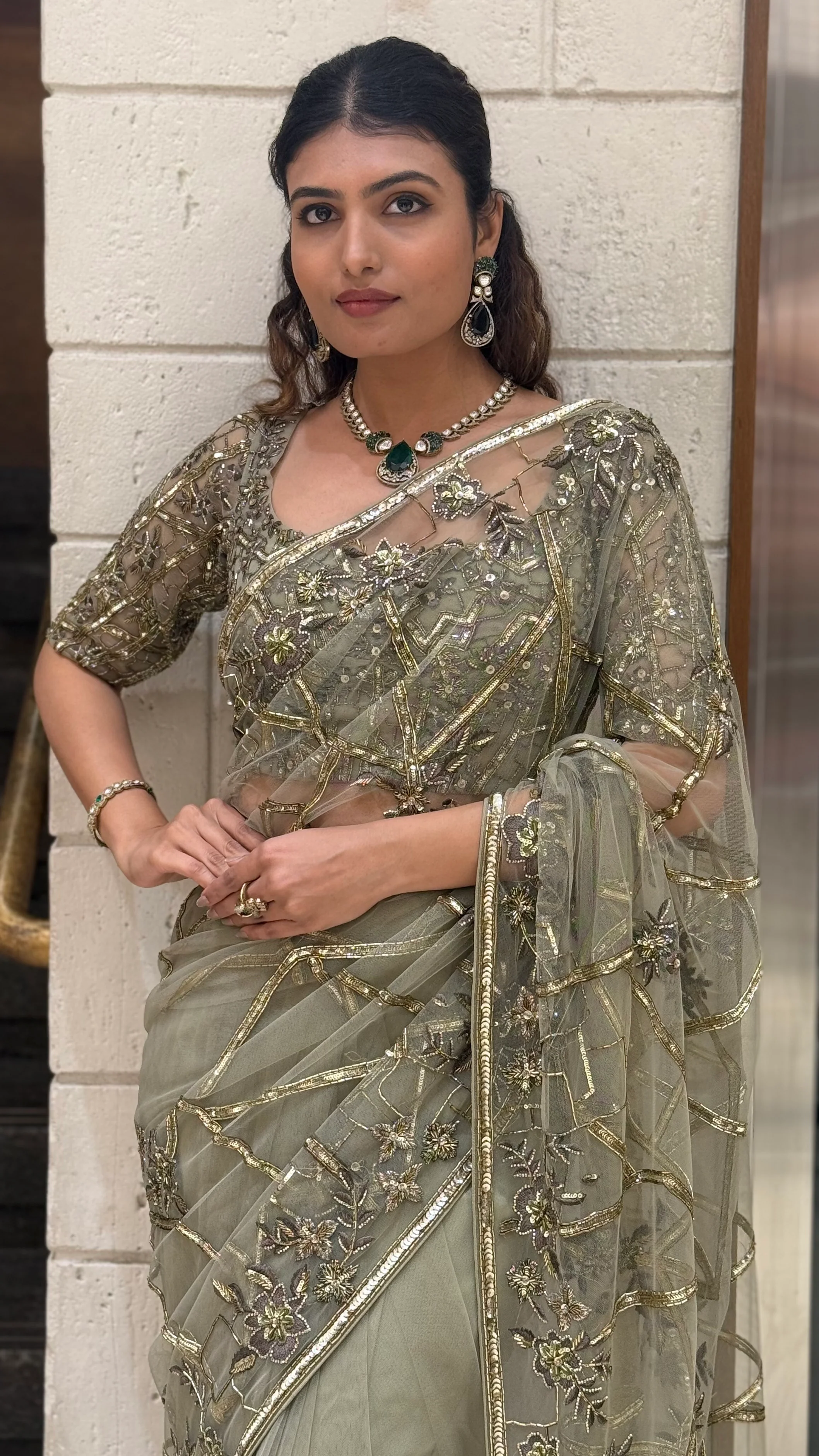 Pistachio Green Heavy Embroidered Net Saree with Matching Designer Blouse - Image 5