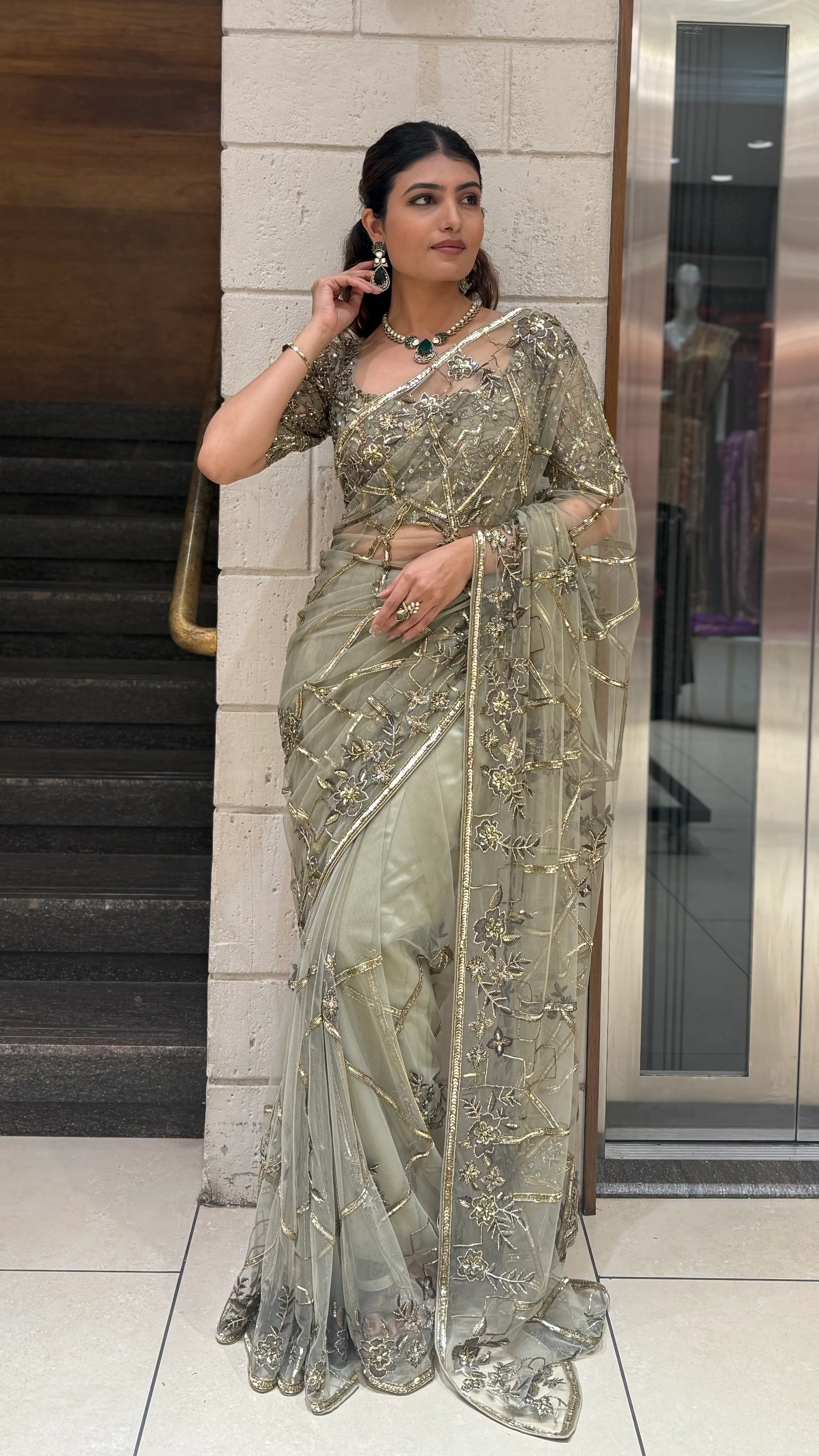 Pistachio Green Heavy Embroidered Net Saree with Matching Designer Blouse - Image 6