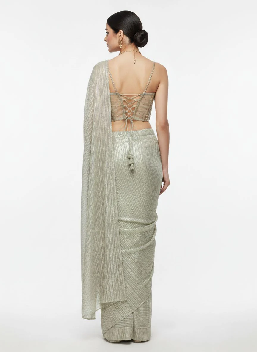 Platinum Metallic Pre-Draped Saree with Hand-Embroidered Bustier - Image 3