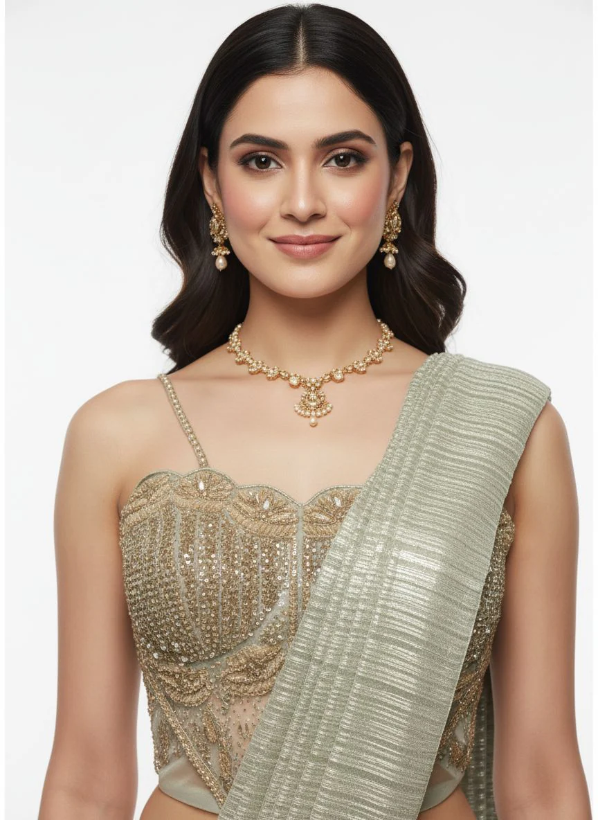 Platinum Metallic Pre-Draped Saree with Hand-Embroidered Bustier - Image 4