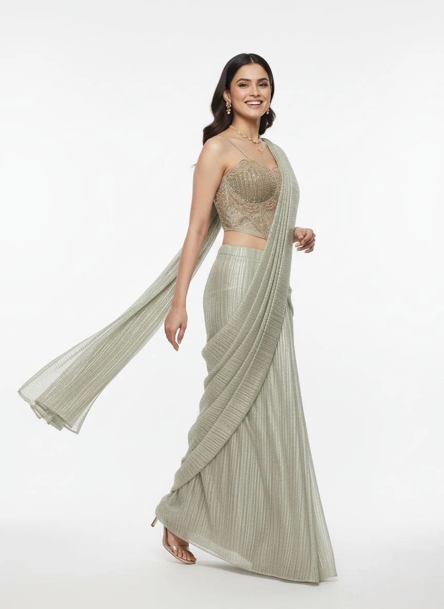 Platinum Metallic Pre-Draped Saree with Hand-Embroidered Bustier - Image 5