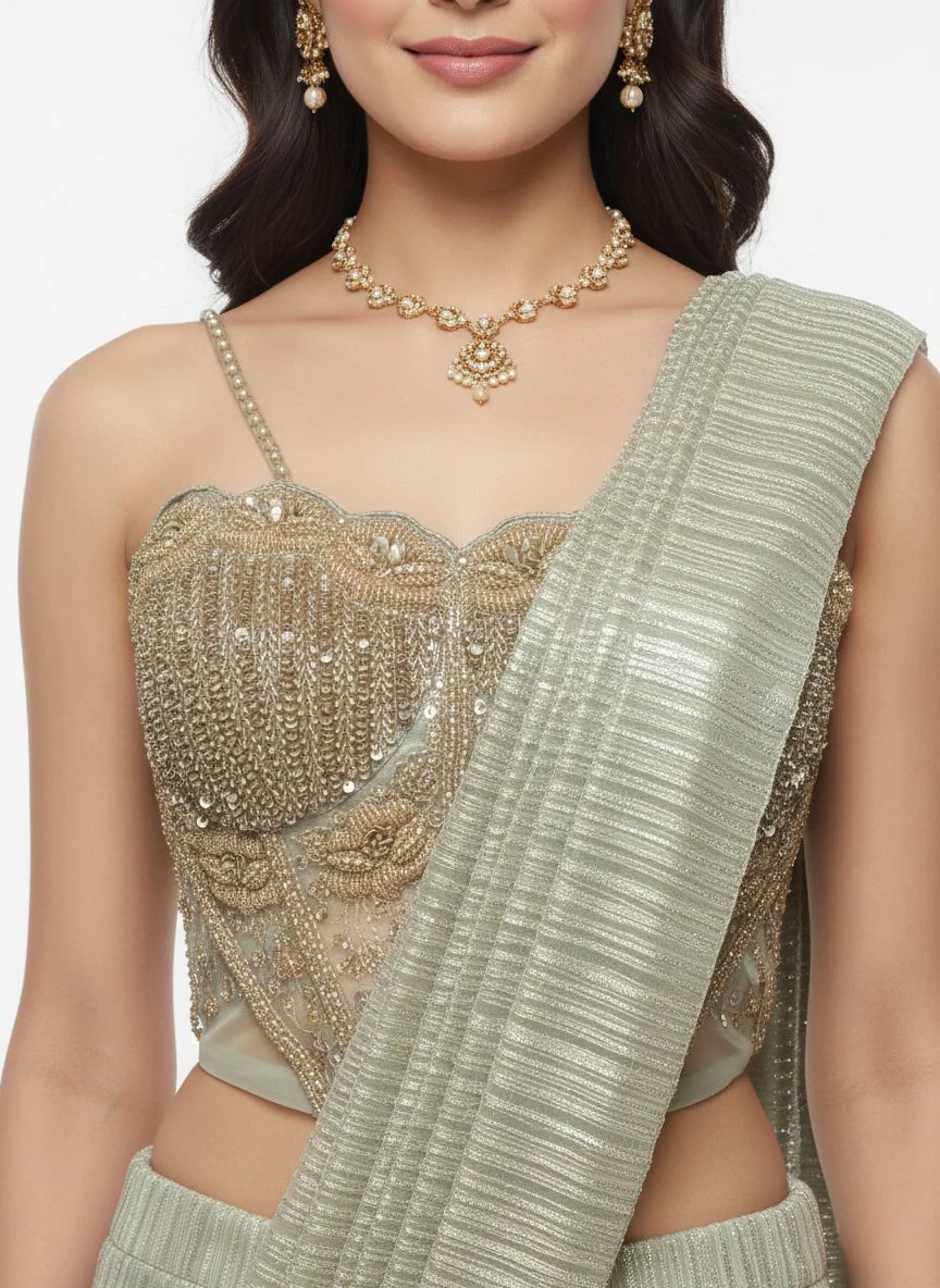 Platinum Metallic Pre-Draped Saree with Hand-Embroidered Bustier - Image 6