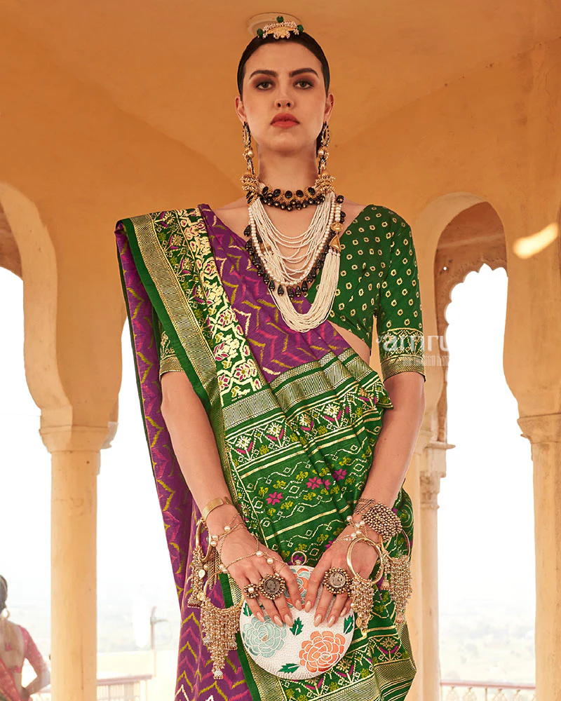 Plum Ikat Printed and Green Contrast Border Patola Silk Saree with Unstitched Blouse - Image 2