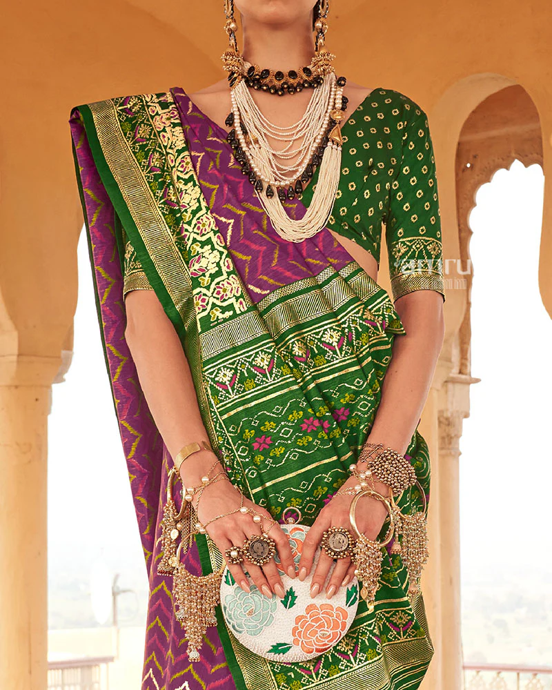 Plum Ikat Printed and Green Contrast Border Patola Silk Saree with Unstitched Blouse - Image 3