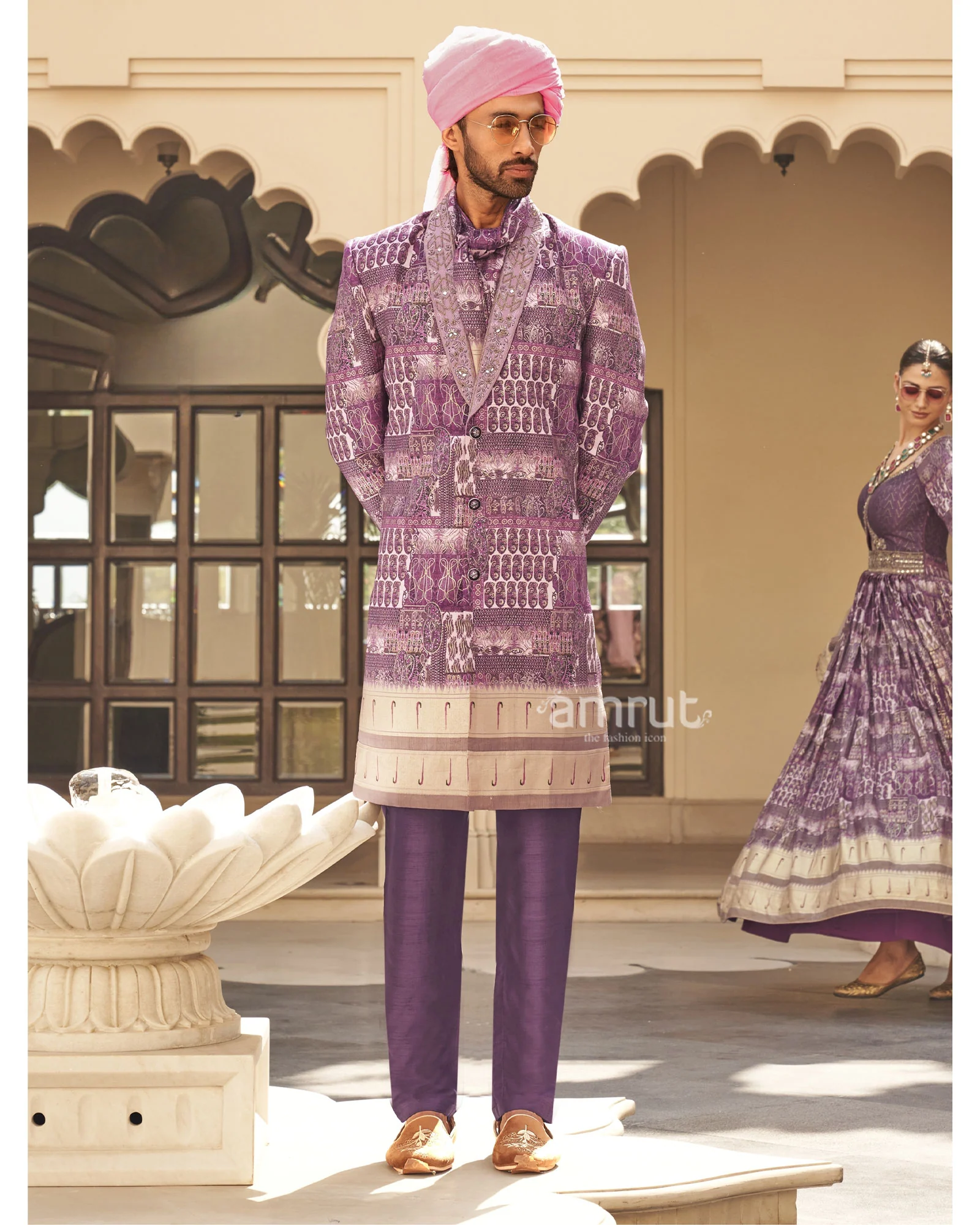 Plum Printed Anarkali Dress and Men Kurta Set - Image 3