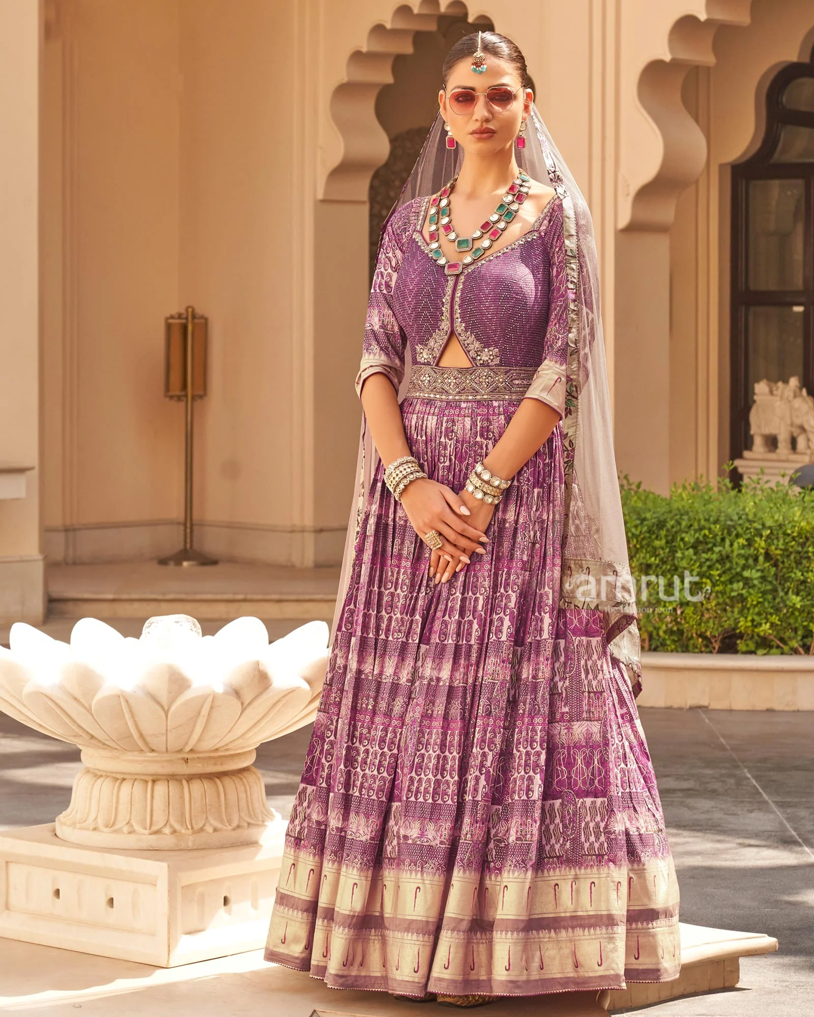 Plum Printed Anarkali Dress and Men Kurta Set - Image 4