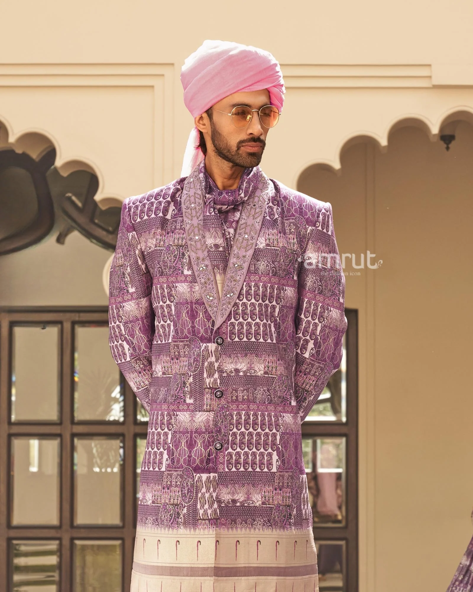 Plum Printed Anarkali Dress and Men Kurta Set - Image 5
