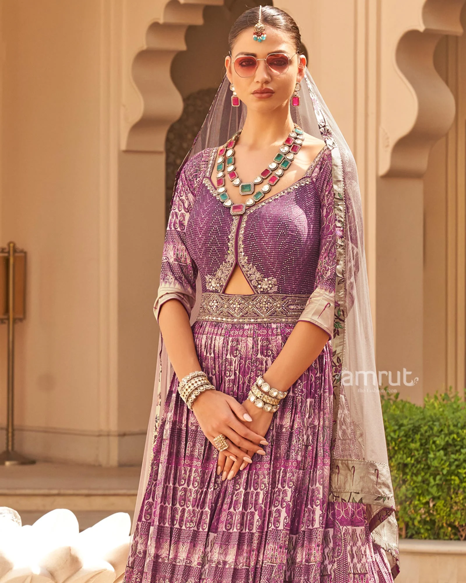 Plum Printed Anarkali Dress and Men Kurta Set - Image 6