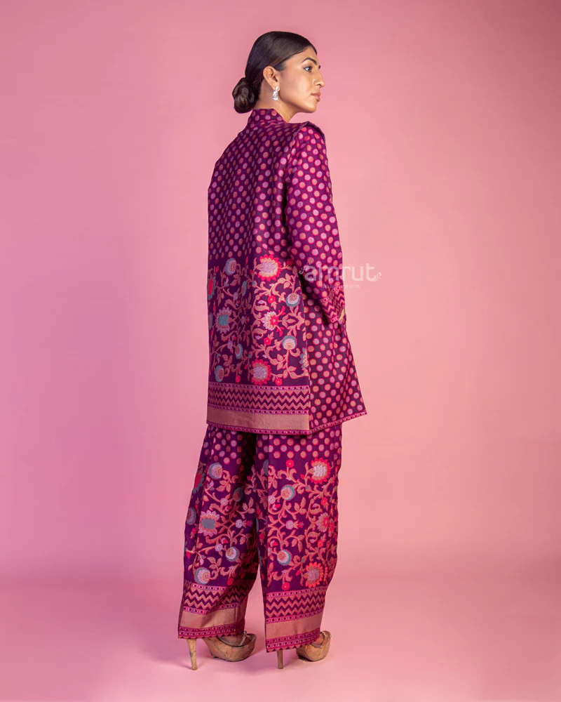 Plum Printed Top and Palazzo With Jacket - Image 3