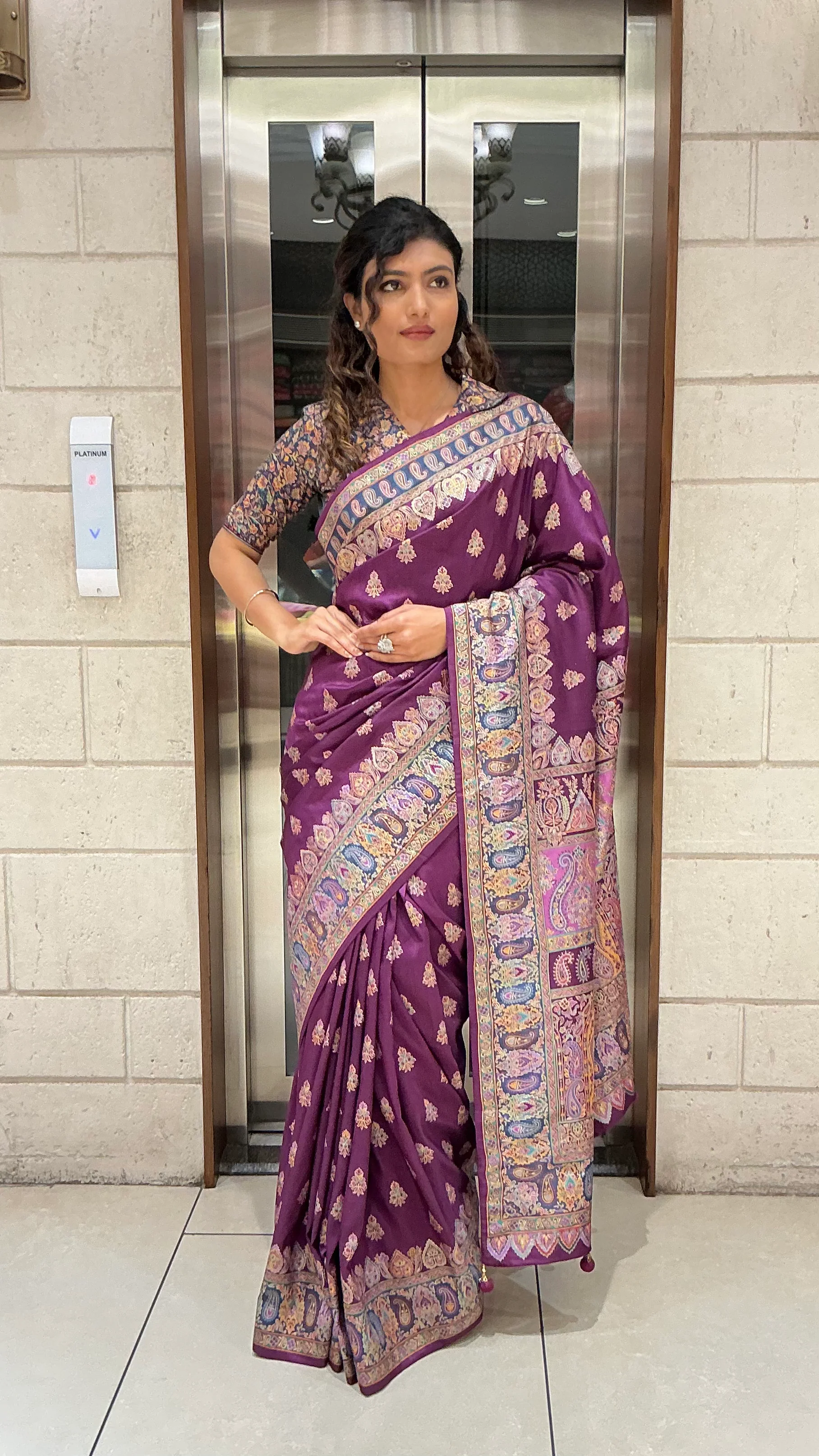 Plum Purple Heritage Paisley Printed Designer Saree - Image 4