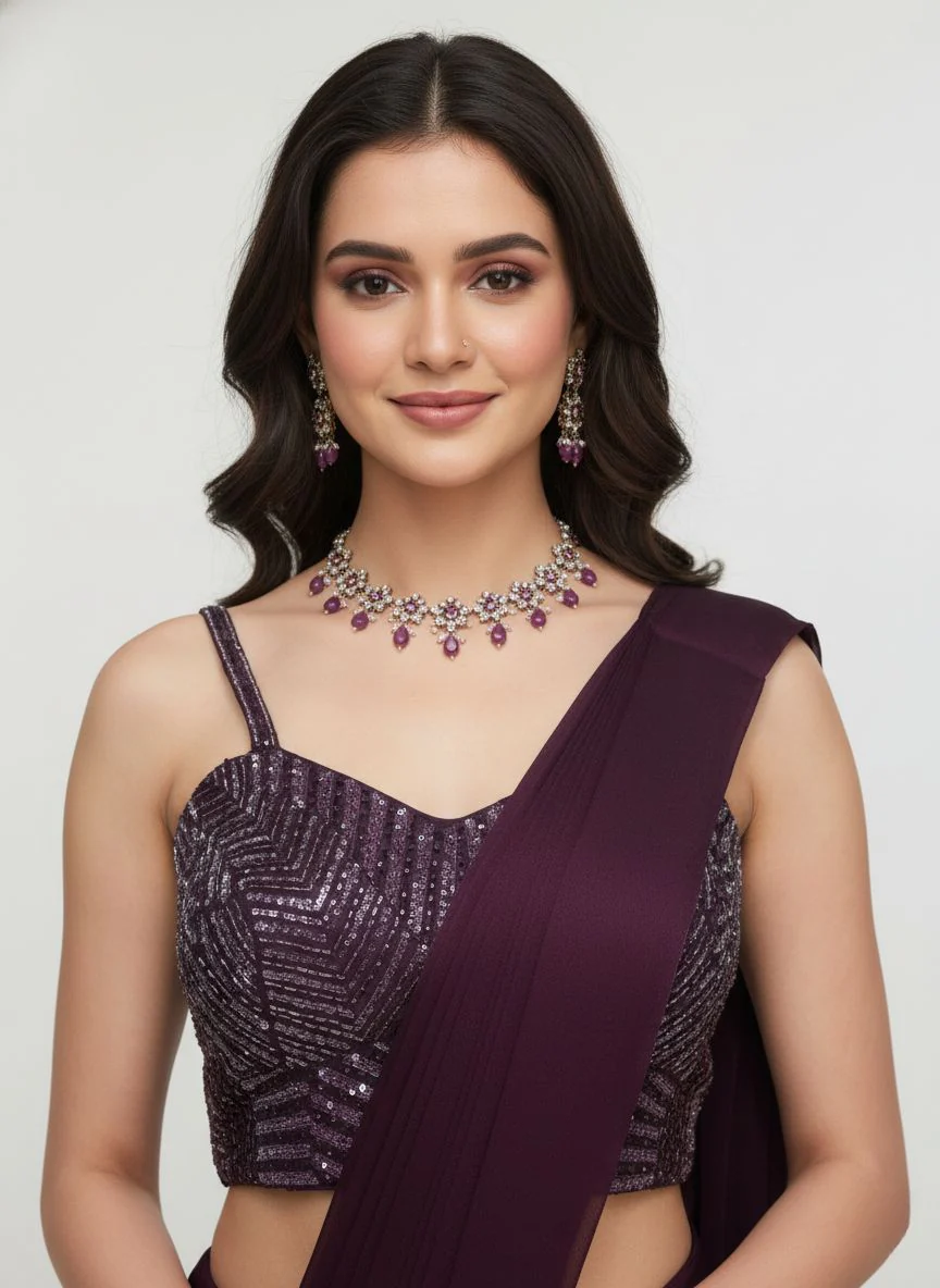 Plum Purple Pre-Draped Saree with Sequin Embroidered Blouse - Image 2