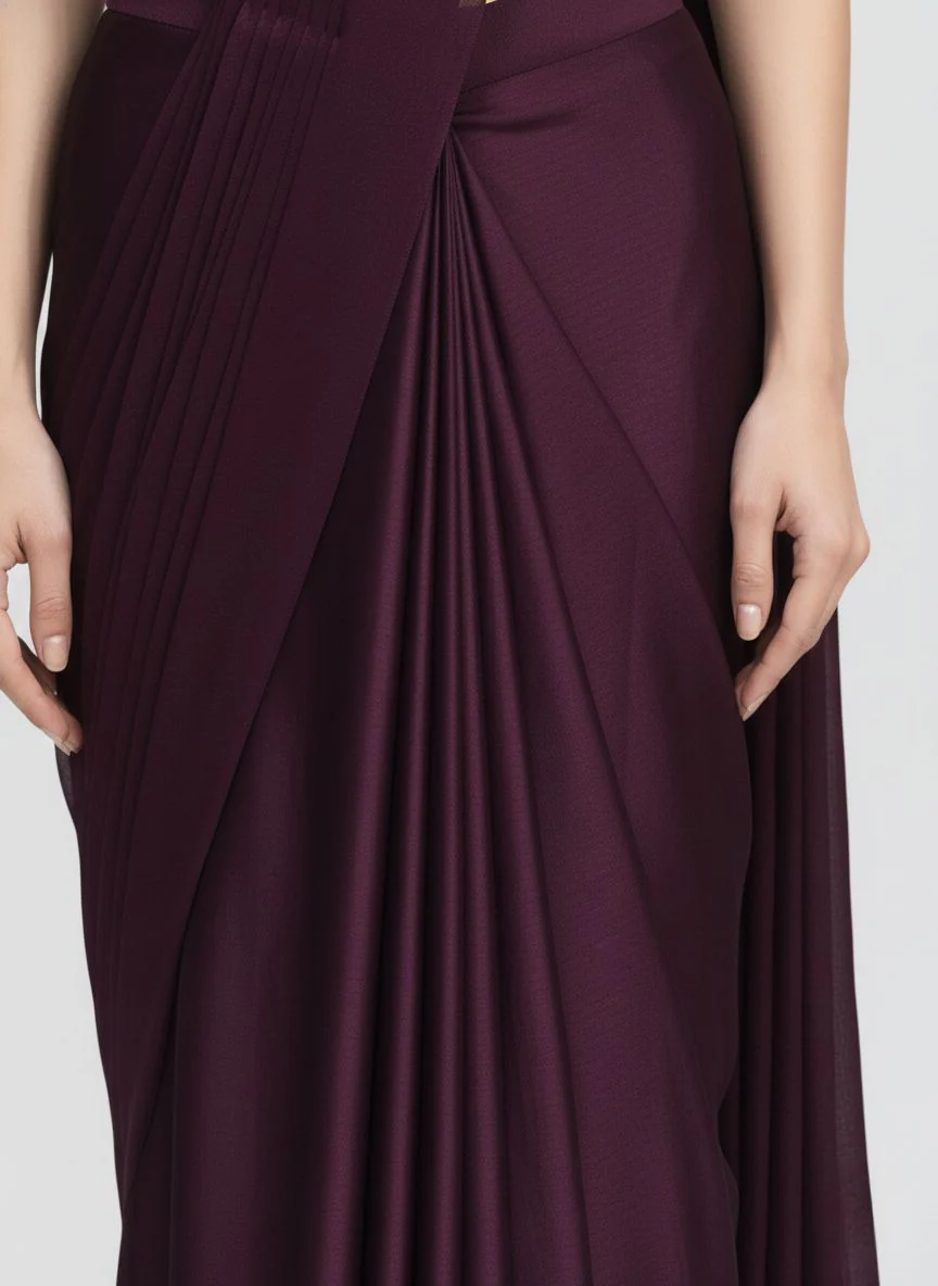 Plum Purple Pre-Draped Saree with Sequin Embroidered Blouse - Image 3