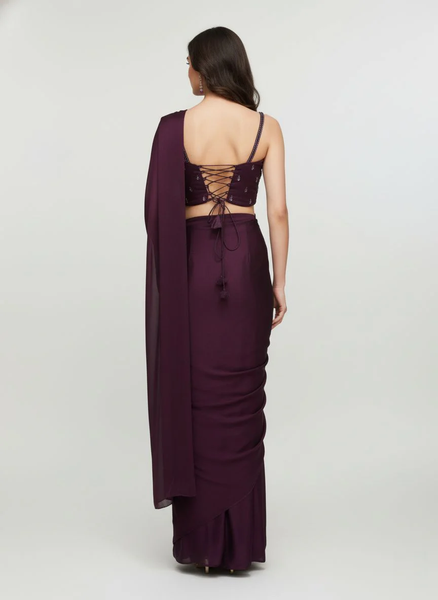 Plum Purple Pre-Draped Saree with Sequin Embroidered Blouse - Image 4