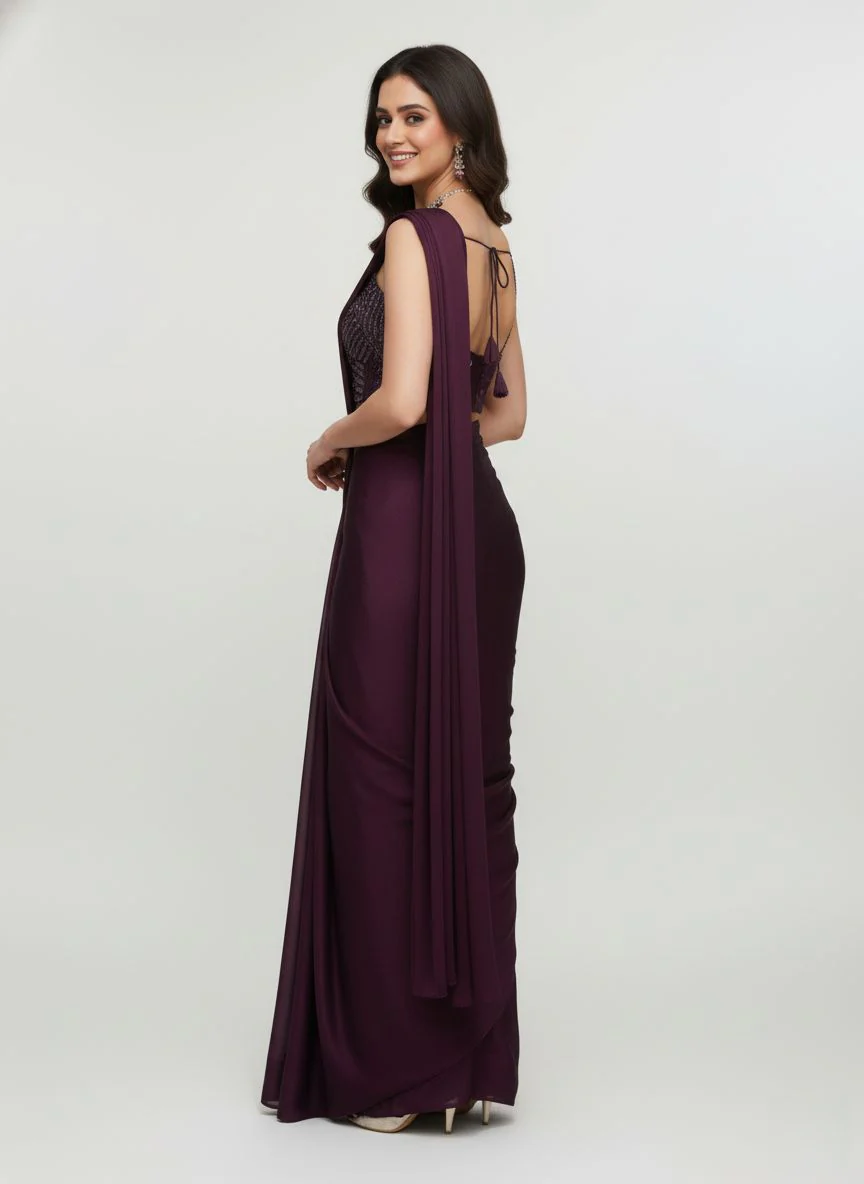 Plum Purple Pre-Draped Saree with Sequin Embroidered Blouse - Image 5