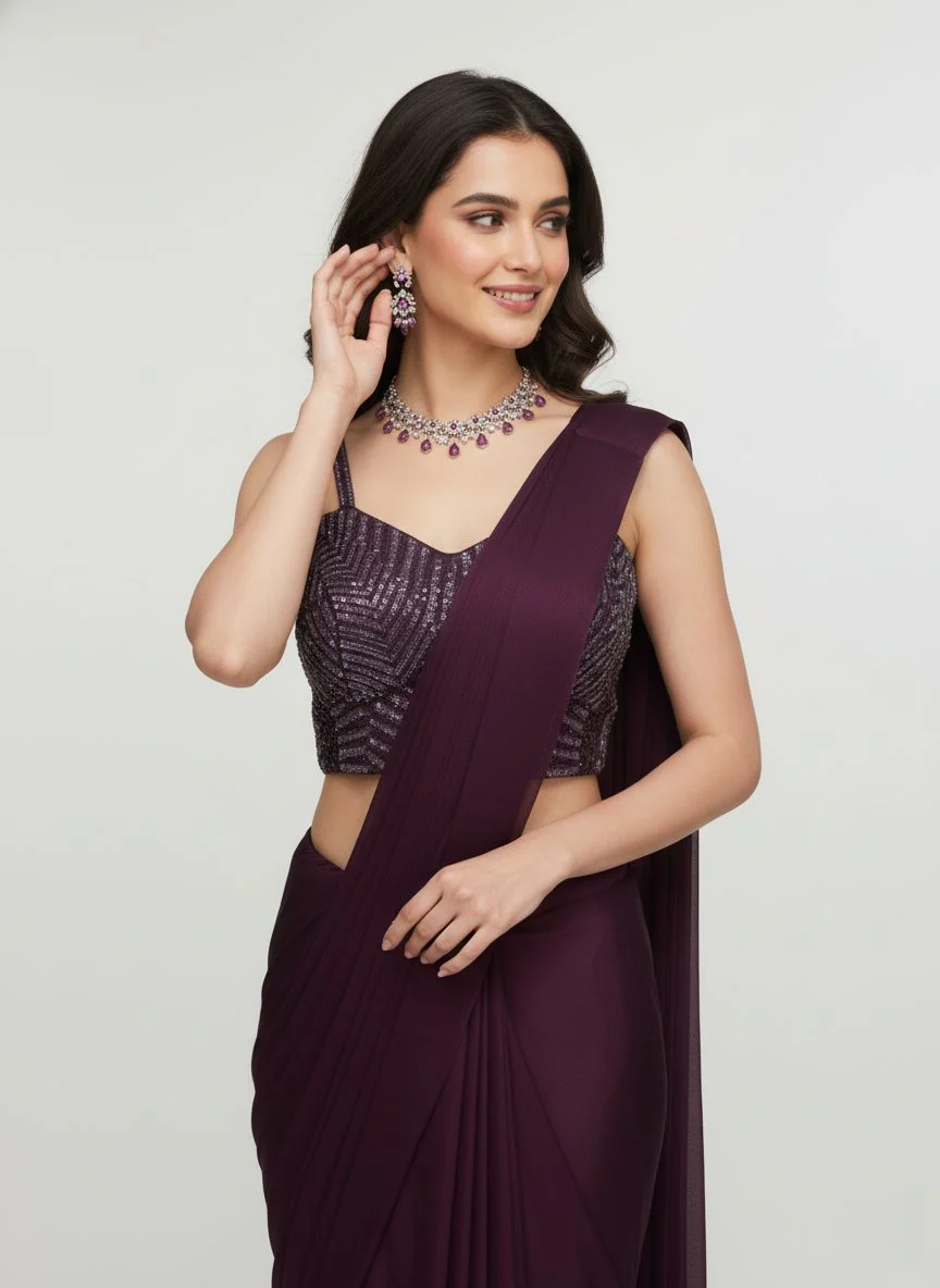 Plum Purple Pre-Draped Saree with Sequin Embroidered Blouse - Image 7