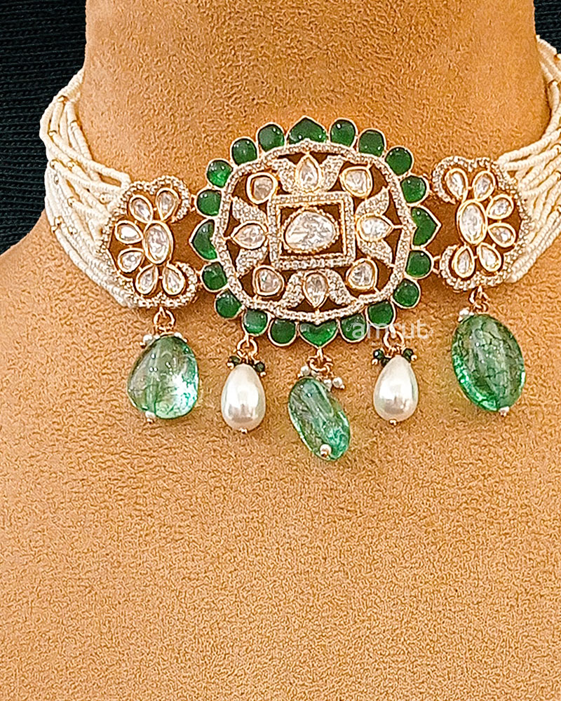 Polki Green Pearl Studded Choker Set - Image 2
