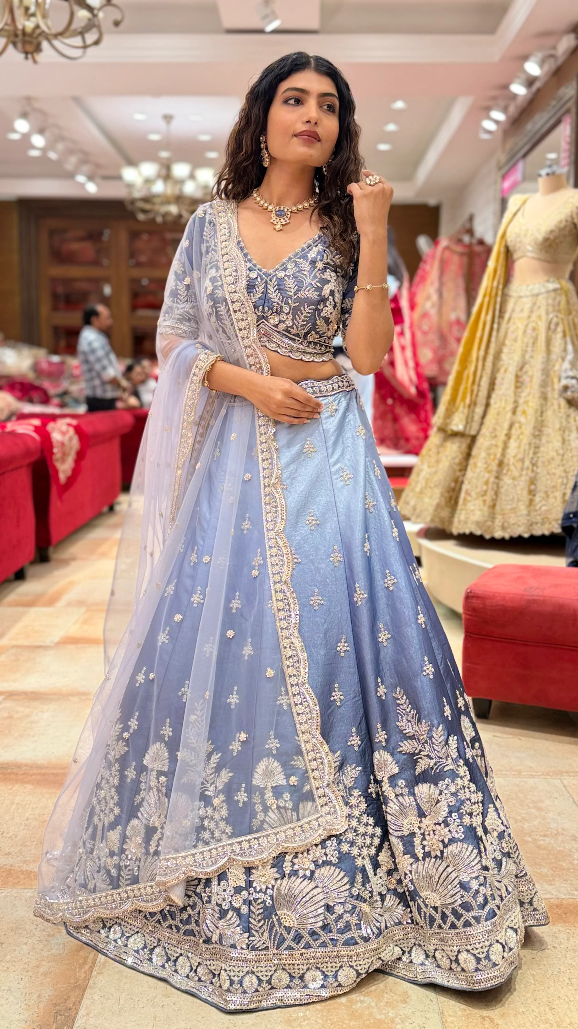 Powder Blue Embroidered Designer Lehenga Choli with Dupatta - Image 4