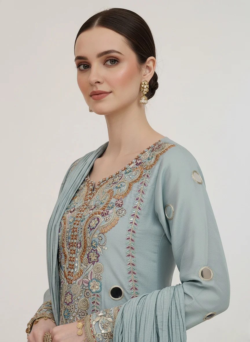 Powder Blue Embroidered Palazzo Suit with Dupatta - Image 2