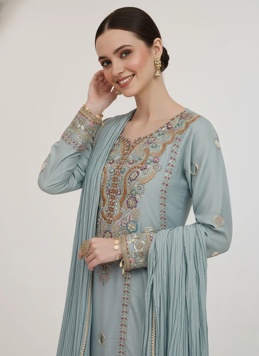 Powder Blue Embroidered Palazzo Suit with Dupatta - Image 3