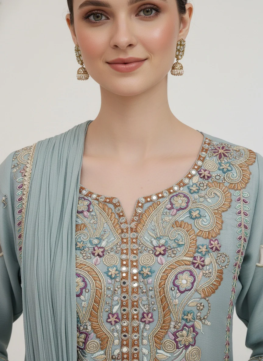 Powder Blue Embroidered Palazzo Suit with Dupatta - Image 4