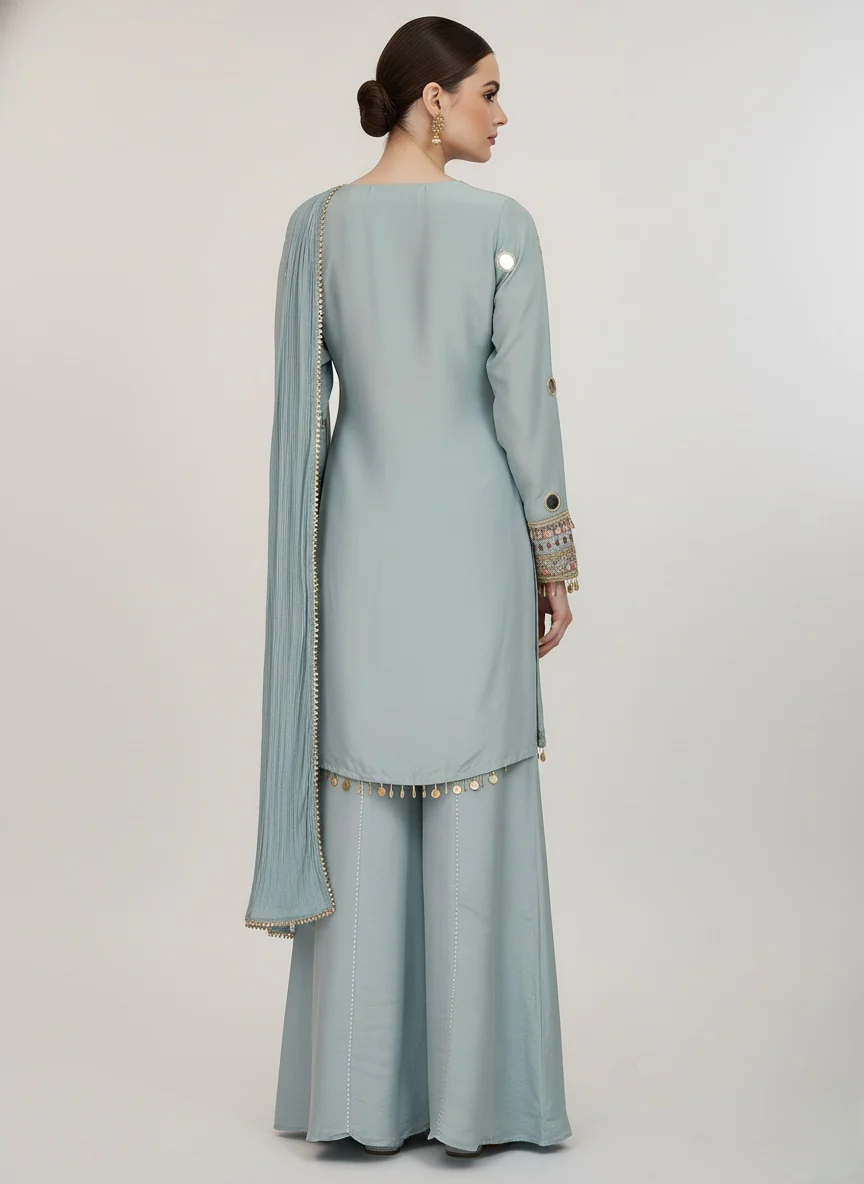 Powder Blue Embroidered Palazzo Suit with Dupatta - Image 5
