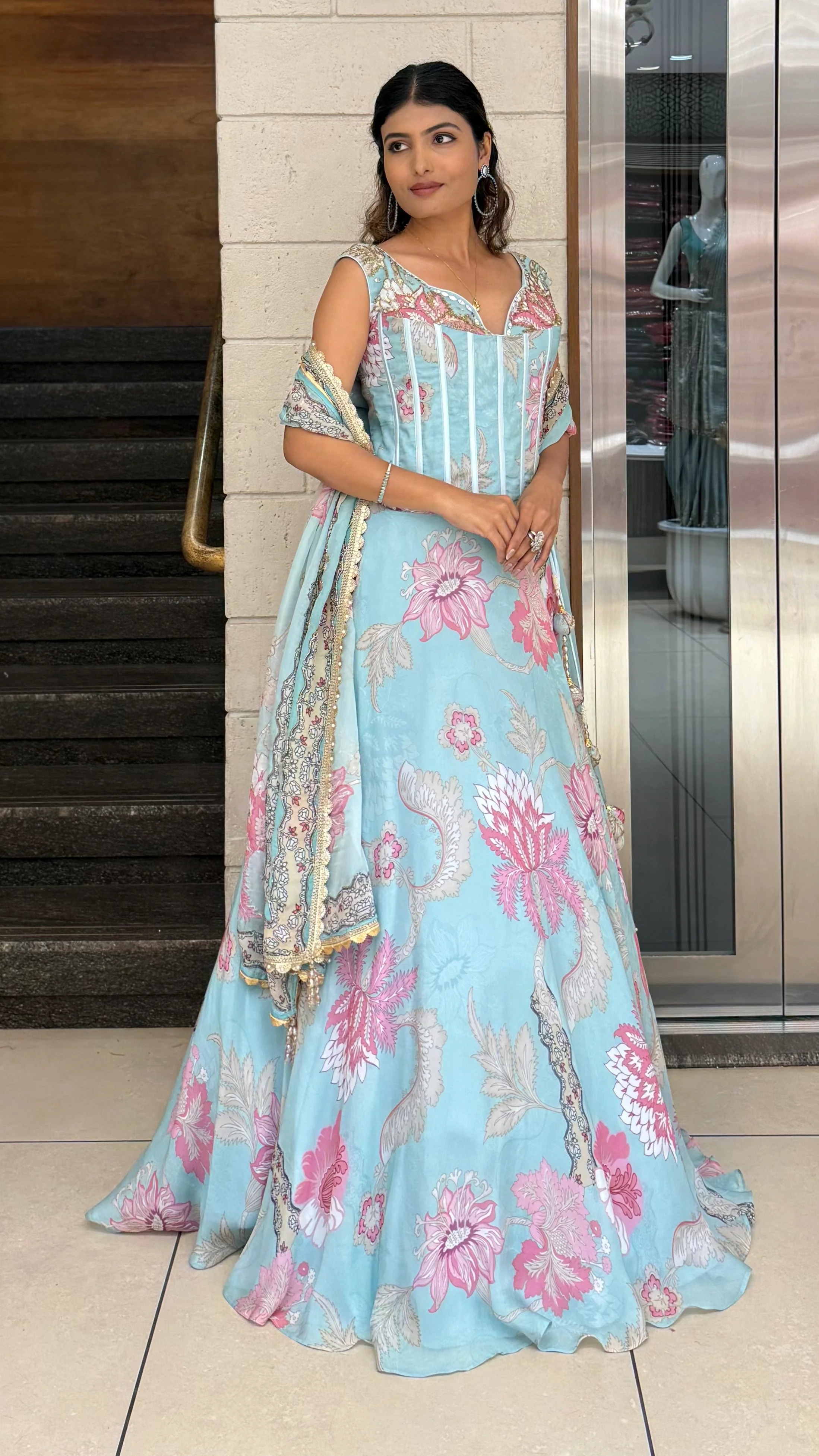 Powder Blue Floral Printed Designer Gown with Corset Bodice & Tassel Dupatta - Image 4
