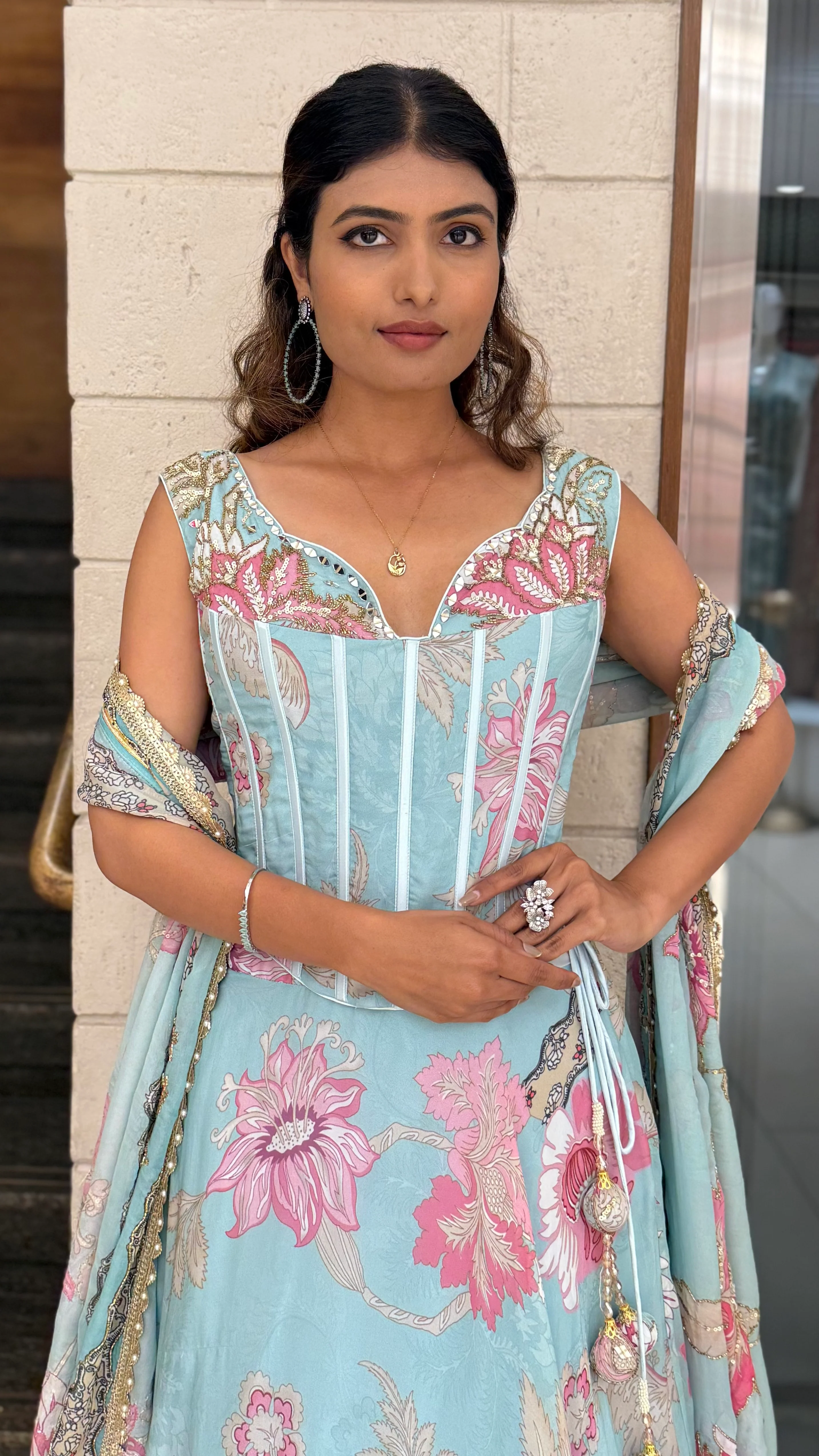 Powder Blue Floral Printed Designer Gown with Corset Bodice & Tassel Dupatta - Image 5
