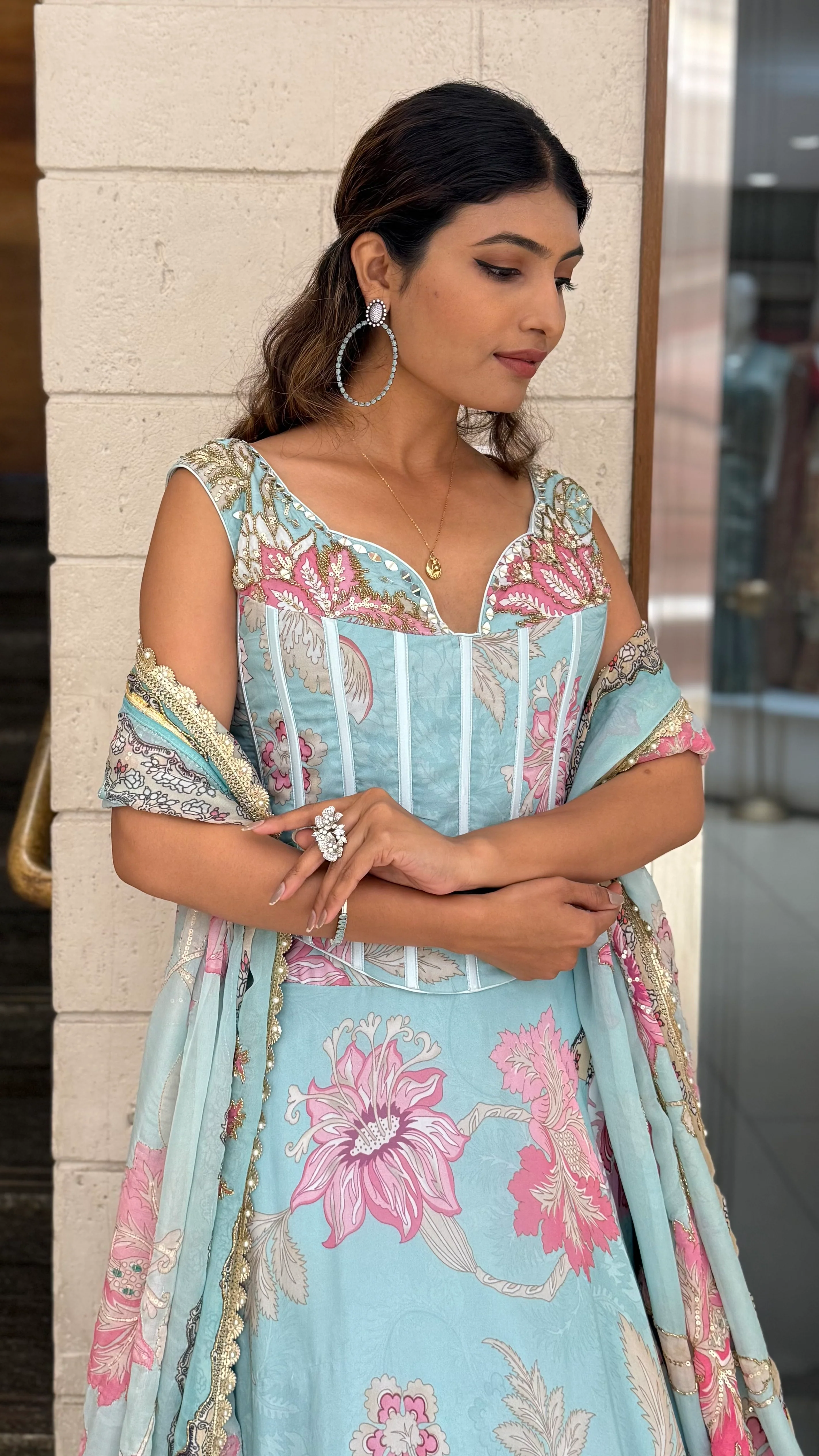 Powder Blue Floral Printed Designer Gown with Corset Bodice & Tassel Dupatta - Image 6