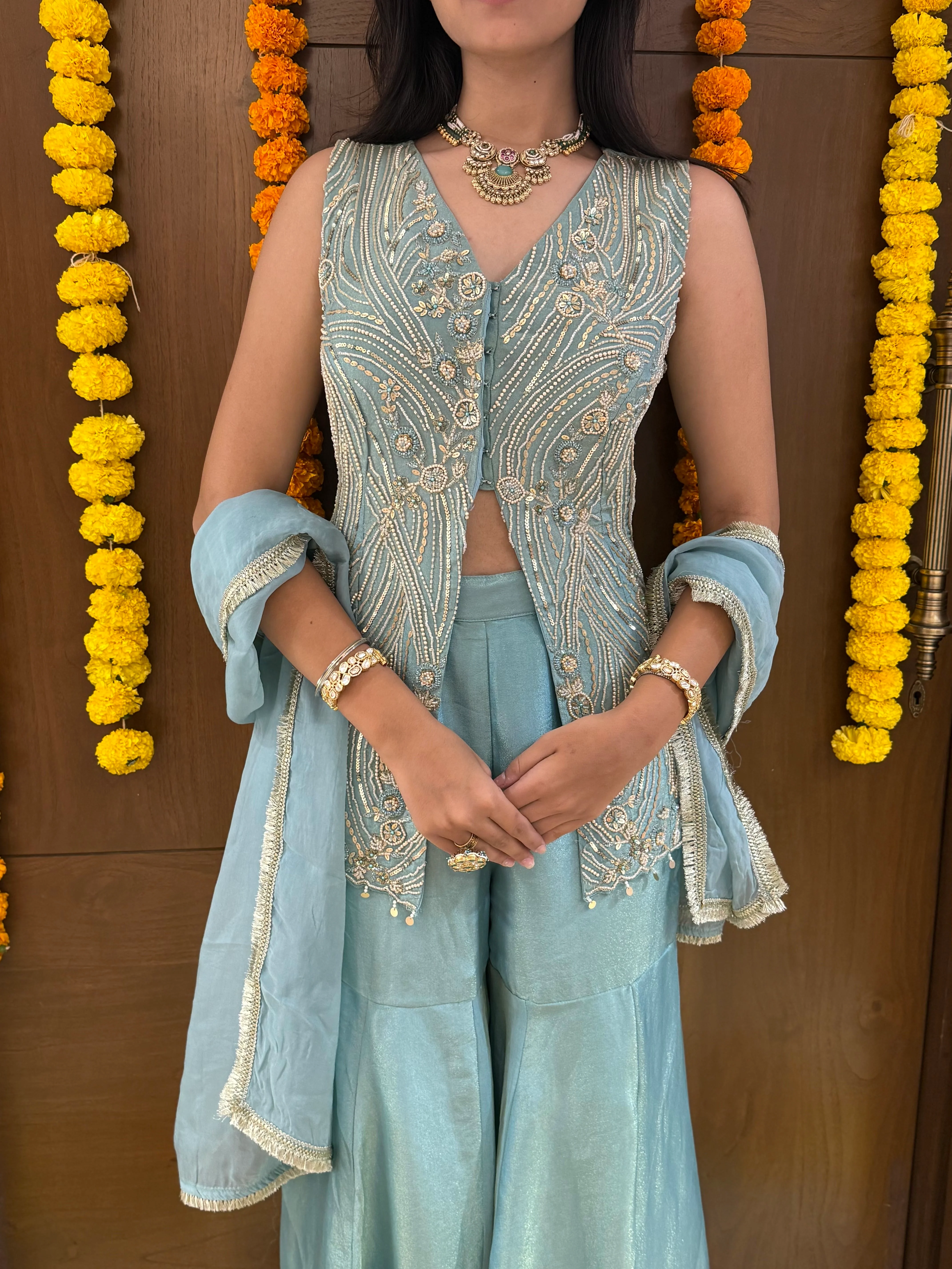 Powder Blue Hand-Embroidered Palazzo Set with Sleeveless Jacket - Image 2